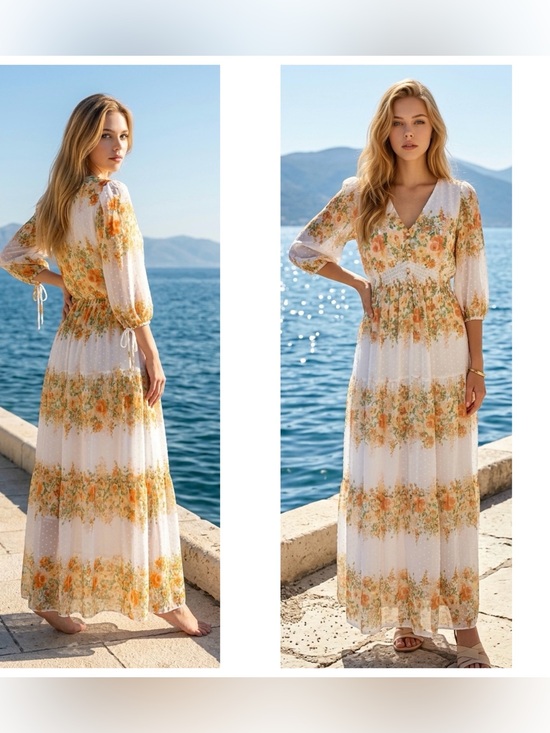 Melonie Dresses & Skirts - Melonie Women Sz 12 Floral buttoned smocked tie balloon sleeve V-Neck Maxi Dress